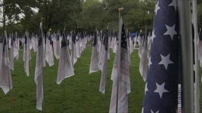 Field of flags marking those who died in the 9/11 attacks