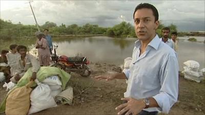 Aleem Maqbool near flooded land in Sindh province