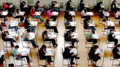 school children taking an exam