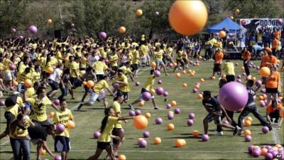 Pupils taking part in the dodgeball game