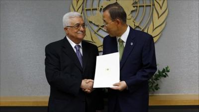 Palestinian President Mahmoud Abbas with United Nations Secretary General Ban Ki-Moon