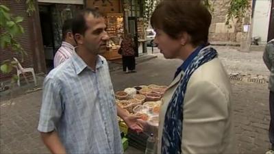 Shopkeeper in Damascus confronts Lyse Doucet