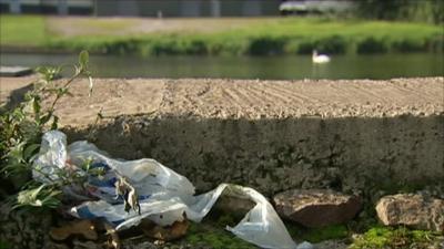 Dumped carrier bag by riverside