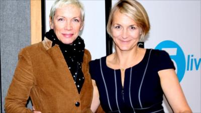Annie Lennox with presenter Louise Minchin in a 5 live studio