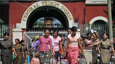 Freed female prisoners leave Insein central prison in Yangon