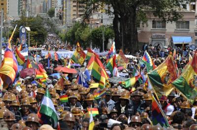 Bolivian miners at a rally in Villarroel Square, La Paz