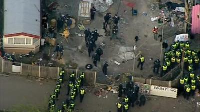 Aerial shot of police and bailiffs at Dale Farm