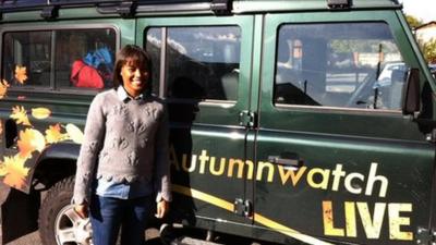 Leah with Autumnwatch vehicle