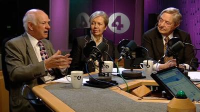 Howard Davies, DeAnne Julius and George Soros talking to Stephanie Flanders