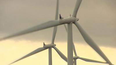 Close up of three wind turbine blades