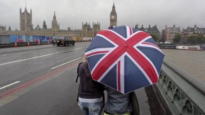 People under Union flag umbrella on Westminster Bridge