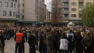 Crowd of people at rally in Banja Koviljaca