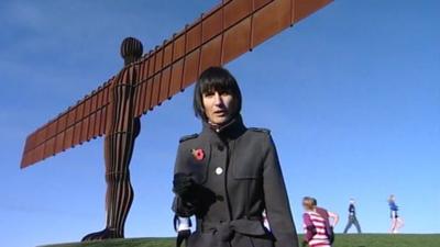 The BBC's Fiona Trott at the Angel of the North, Gateshead