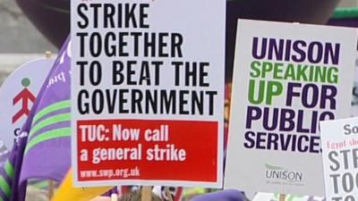 Placards calling for strike action over pension changes