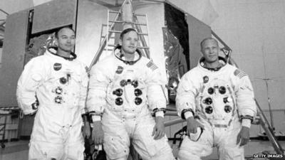 Apollo 11 astronauts Mike Collins (left), Neil Armstrong (centre), and Edwin "Buzz" Aldrin (R) in 1969