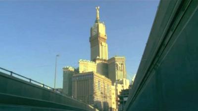 A big building in Mecca as seen from a motorway