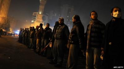 Protesters standing in a line in Tahrir Square