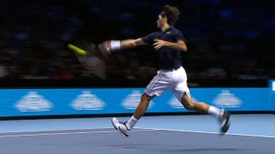 Roger Federer on his way to beating Mardy Fish at the ATP World Tour Finals