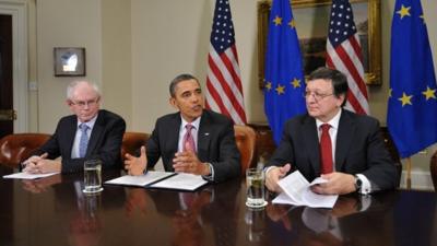 US President Barack Obama speaks following a summit with European Council President Herman Van Rompuy (L) and European Commission President Jose Manuel Barroso (R)