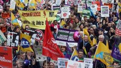 Protesters march during public sector strikes in London