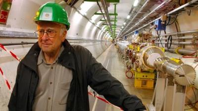 Professor Peter Higgs inside the Large Hadron Collider tunnel at CERN