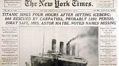 New York Times front page report of Titanic disaster