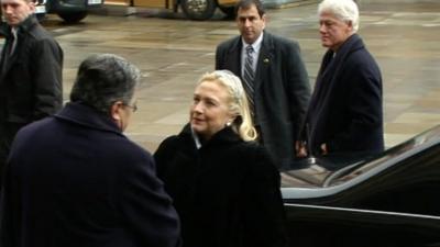 US Secretary of State Hillary Clinton and her husband, former President Bill Clinton, arrive at Vaclav Havel's funeral