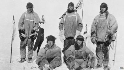 Captain Lawrence Oates (far left), Captain Robert Falcon Scott (standing centre), Petty Officer Edgar Evans (far right), Lieutenant Henry Bowers (seated left) and Edward Wilson (seated right)