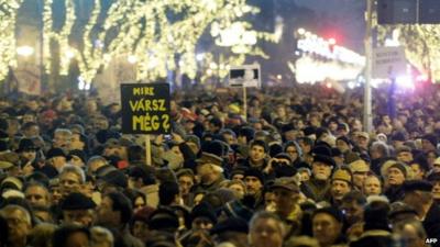 Protesters in Budapest on 2 January, 2012