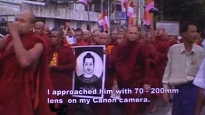 An image of monks protesting from a film shown at the festival