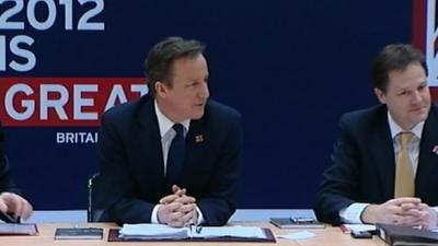 David Cameron and Nick Clegg at a cabinet meeting at the Olympics site in Stratford