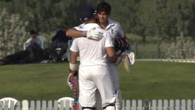 Alastair Cook celebrates with Matt Prior