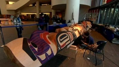 A totem pole being carved by David Boxley