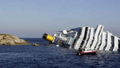 The Costa Concordia lies on its side