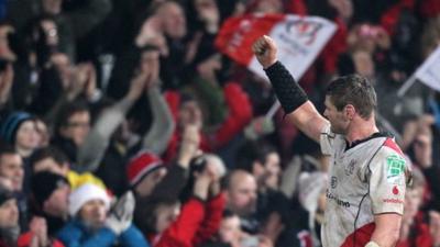 Ulster's Johann Muller salutes the crowd at the end of the game against Leicester at Ravenhill