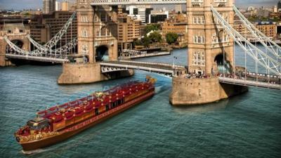 Artist's impression of The Royal Barge by Tower Bridge