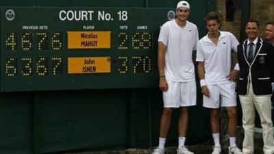 John Isner and Nicolas Mahut at the end of their epic match at Wimbledon 2010