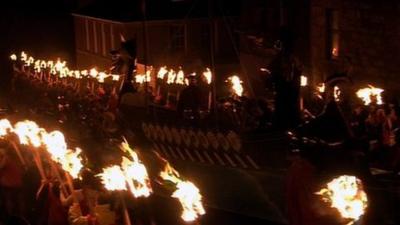 Viking longboat procession during Up Helly Aa