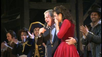 Cameron Mackintosh and Samantha Barks on stage