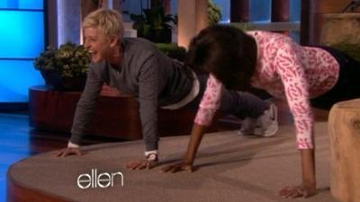 Ellen DeGeneres and Michelle Obama do push-ups