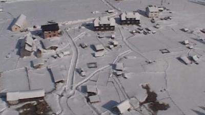 Aerial of snow covered village in Serbia