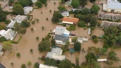 Aerial view of submerged residential streets in the town of Mitchell, Australia