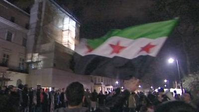 Protesters at the Syrian embassy in London