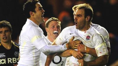 Charlie Hodgson celebrates his try for England