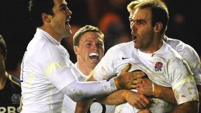 Charlie Hodgson celebrates his try for England