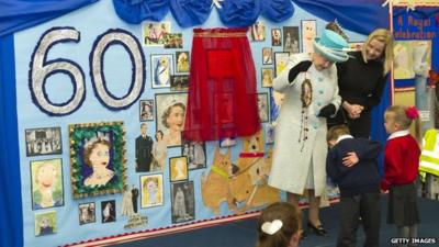 The Queen is given gifts by the pupils