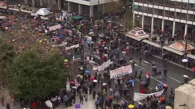 Strikers march in Athens.