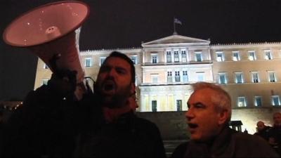 Protesters outside the Greek Parliament