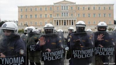 Riot police outside the parliament building in Athens