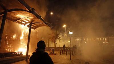 A bank is on fire in Athens. Photo: 12 February 2012